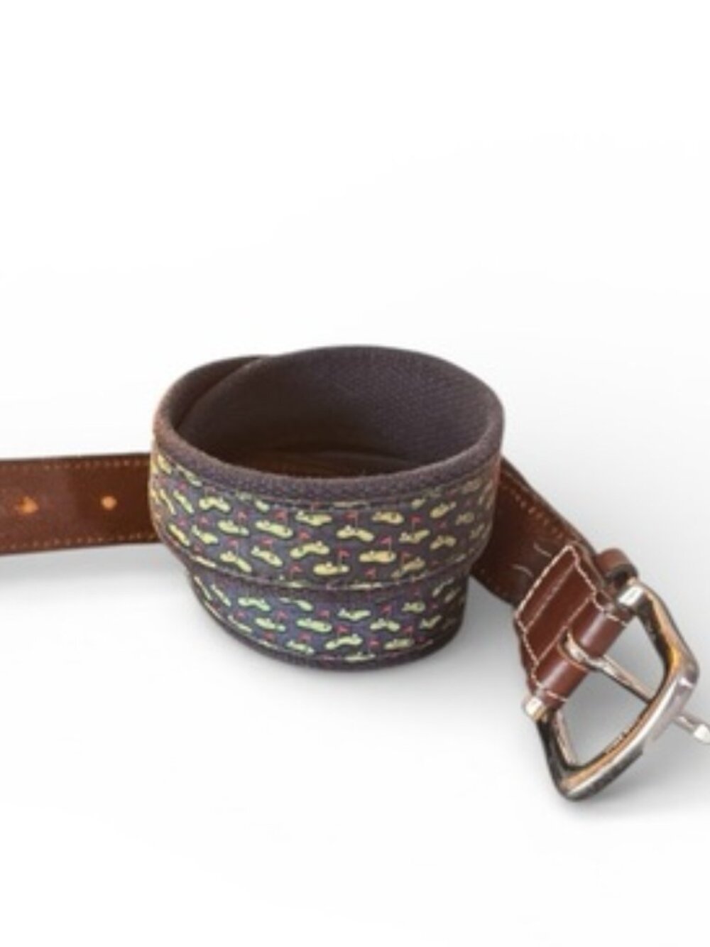 Vineyard Vines Golf Print Canvas Belt Brown Leather Trim Size 38 Preppy - Picture 4 of 5